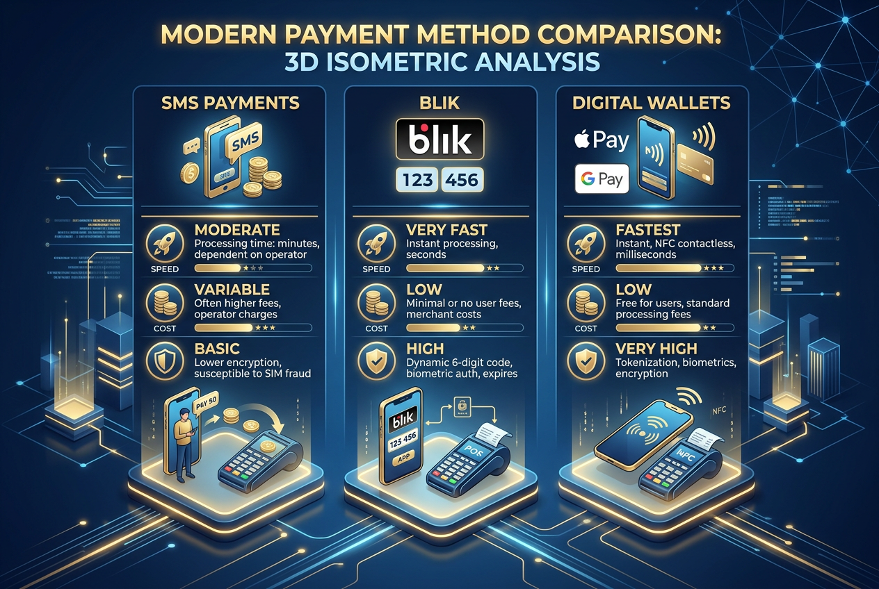Infografika porównująca płatności mobilne: SMS vs BLIK vs e-portfele